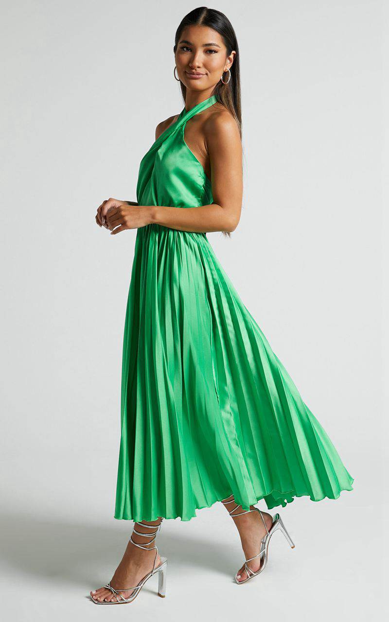 Showpo Eloise Midi Dress - Halter Neck Pleated Dress Jewel Green | RFQYNP547