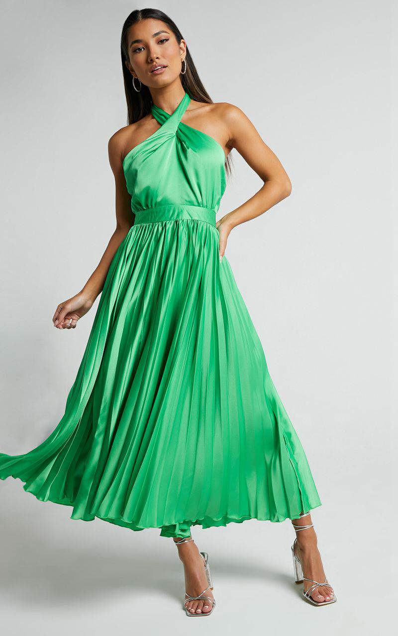 Showpo Eloise Midi Dress - Halter Neck Pleated Dress Jewel Green | RFQYNP547