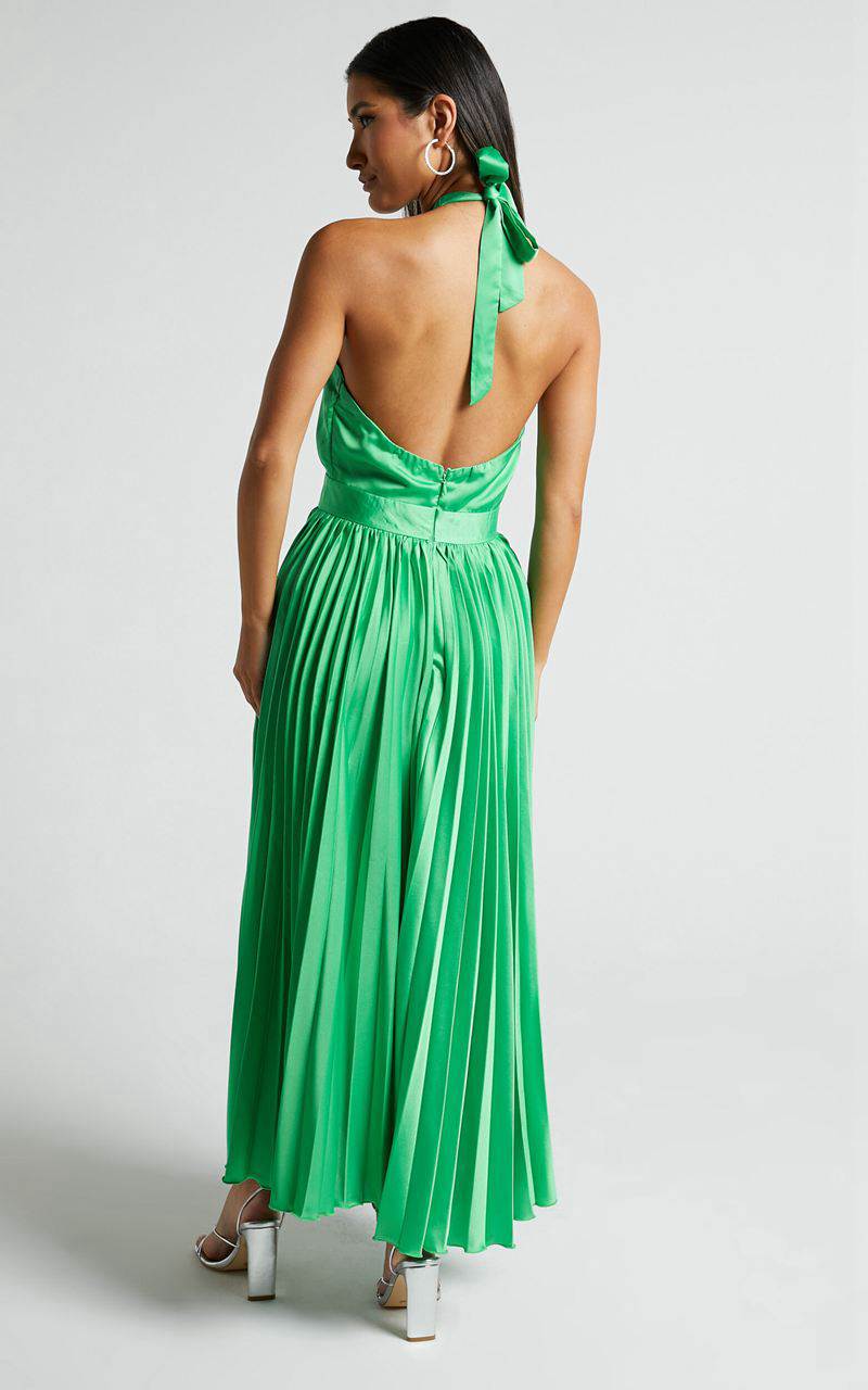 Showpo Eloise Midi Dress - Halter Neck Pleated Dress Jewel Green | RFQYNP547