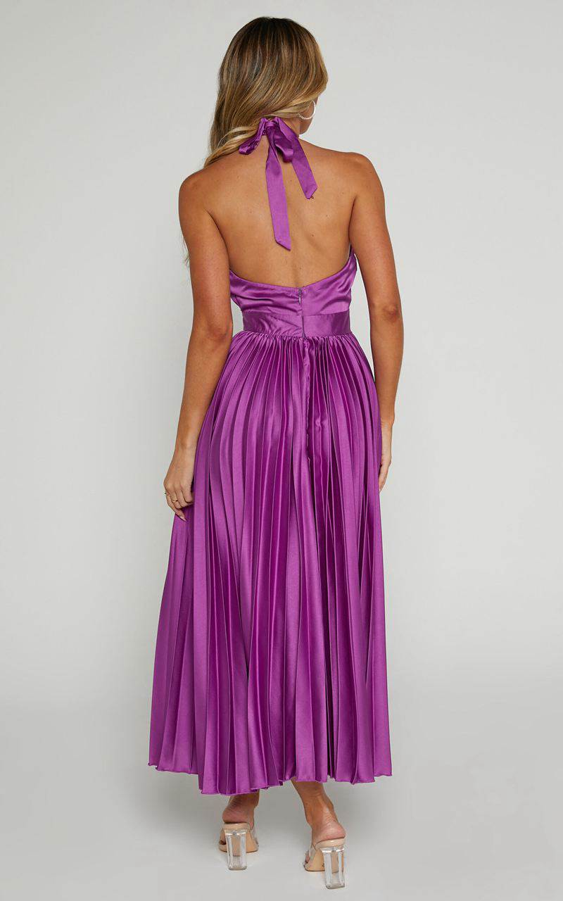 Showpo Eloise Midi Dress - Halter Neck Pleated Dress Grape | EVWJPN362