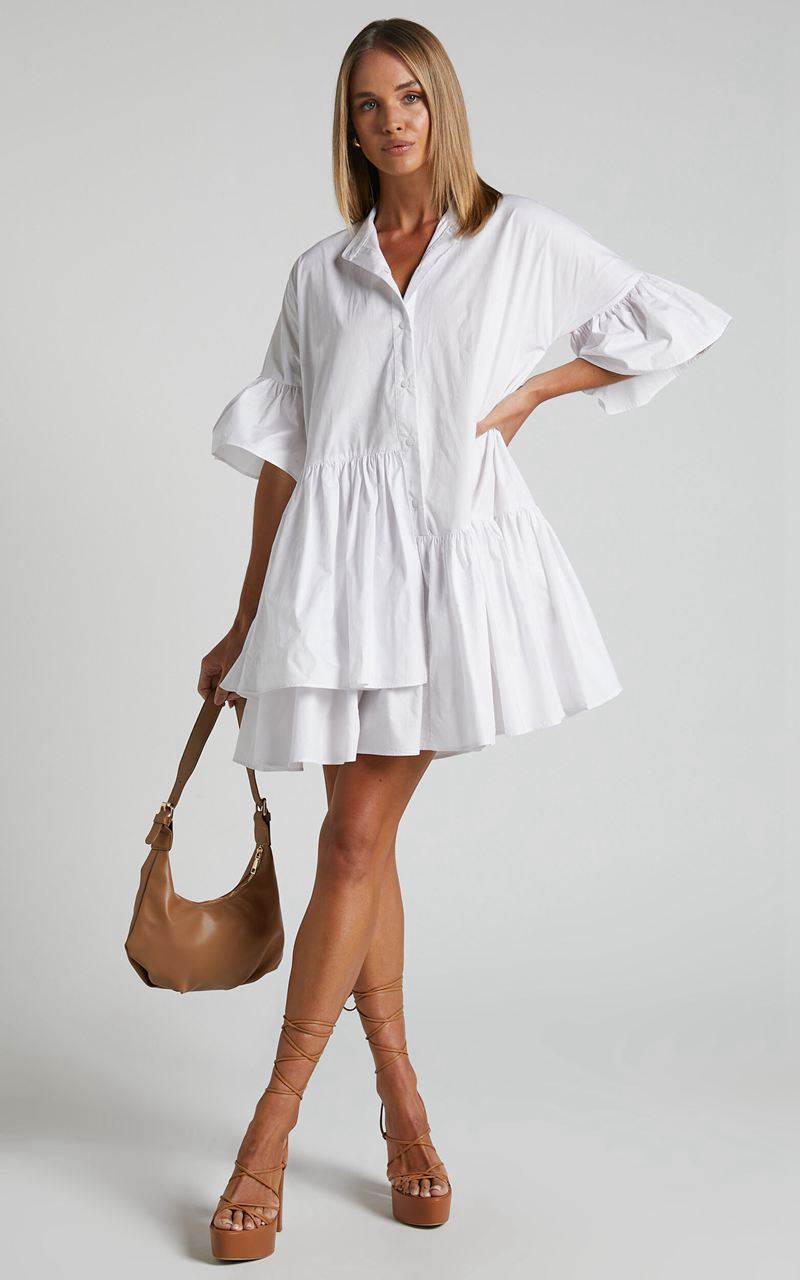 Showpo Elowen Mini Dress - Button Up Asymmetrical Tiered Smock Dress White | GPFTOQ325