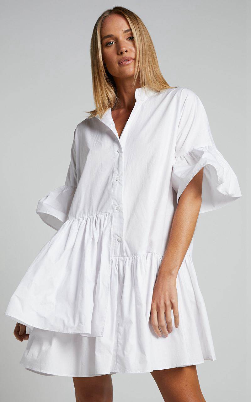 Showpo Elowen Mini Dress - Button Up Asymmetrical Tiered Smock Dress White | GPFTOQ325