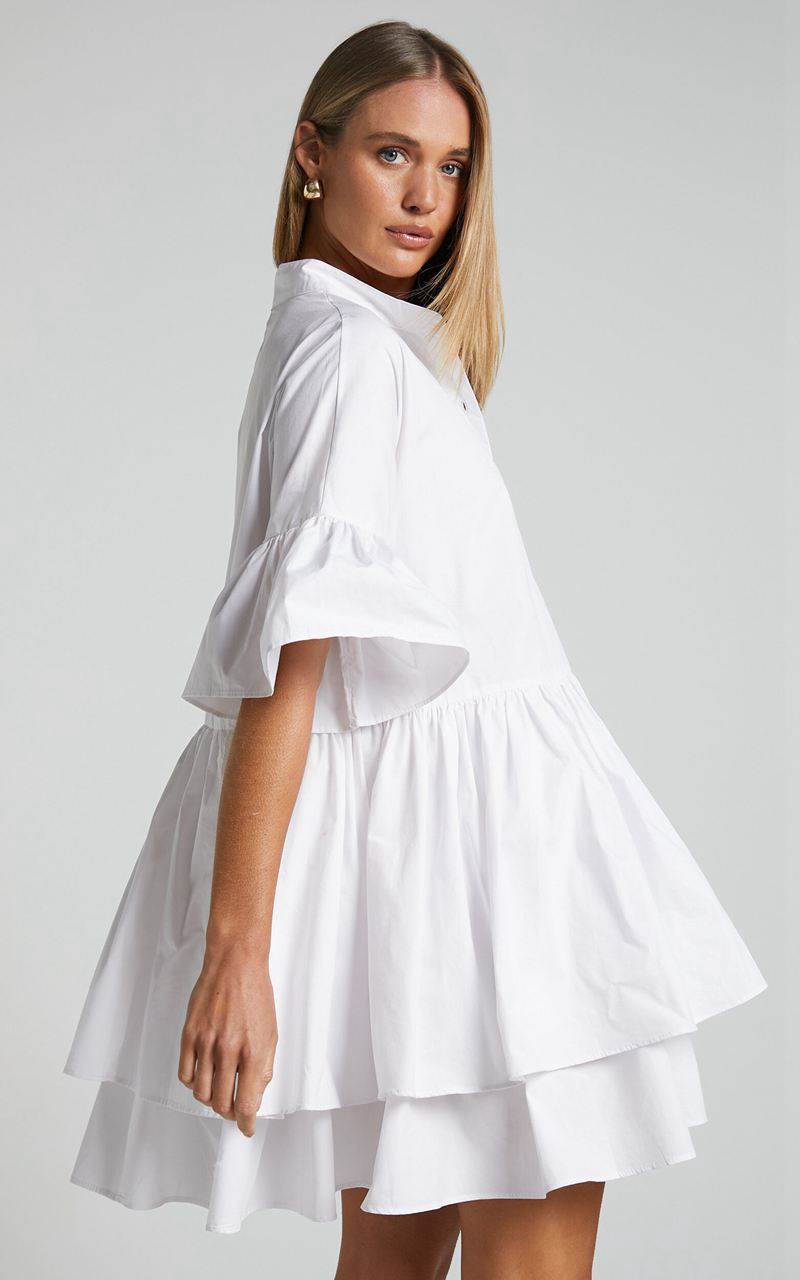 Showpo Elowen Mini Dress - Button Up Asymmetrical Tiered Smock Dress White | GPFTOQ325