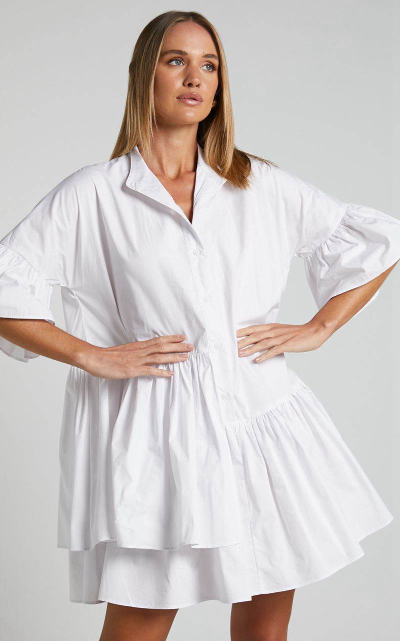 Showpo Elowen Mini Dress - Button Up Asymmetrical Tiered Smock Dress White | GPFTOQ325