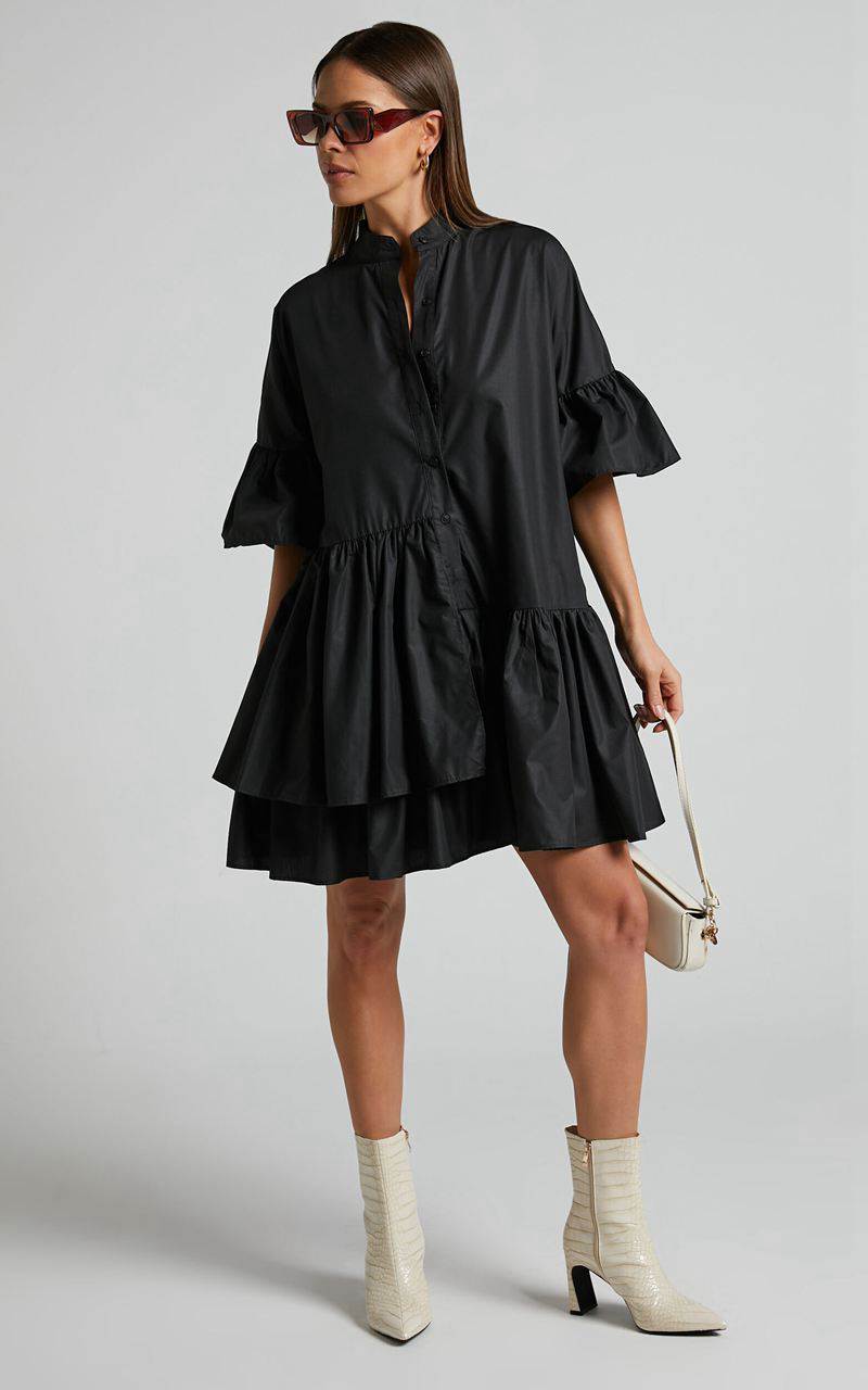 Showpo Elowen Mini Dress - Button Up Asymmetrical Tiered Smock Dress Black | VMTWUK192