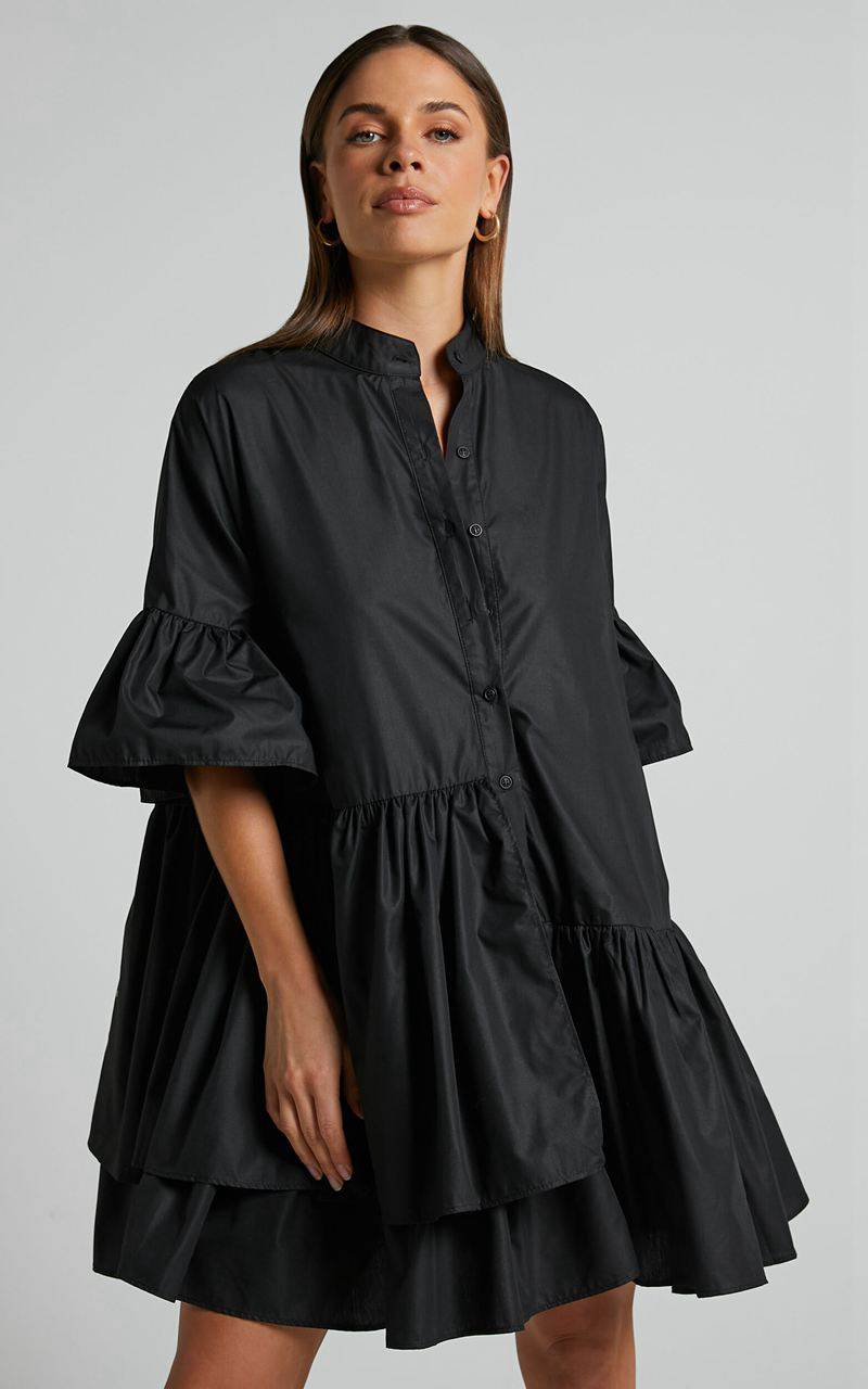 Showpo Elowen Mini Dress - Button Up Asymmetrical Tiered Smock Dress Black | VMTWUK192