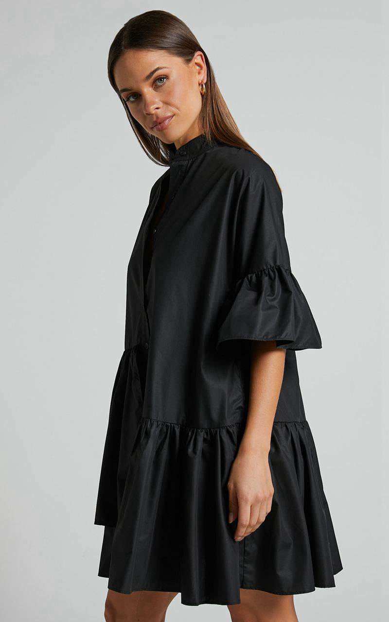 Showpo Elowen Mini Dress - Button Up Asymmetrical Tiered Smock Dress Black | VMTWUK192