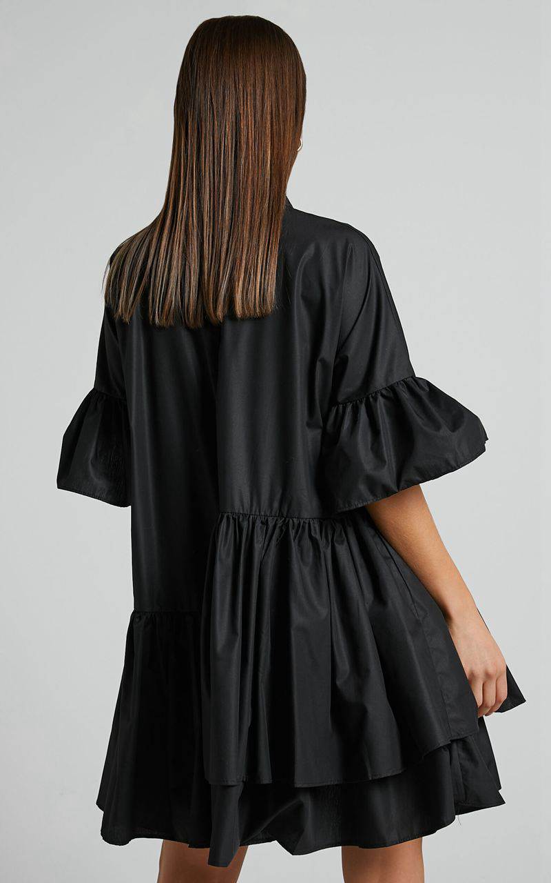 Showpo Elowen Mini Dress - Button Up Asymmetrical Tiered Smock Dress Black | VMTWUK192