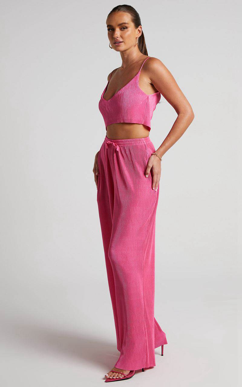 Showpo Elowen Two Piece Set - Plisse Crop Top And Relaxed Wide Leg Pants Set Pink | JDKNRV397