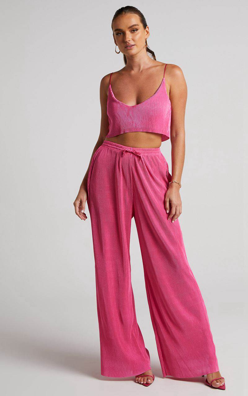 Showpo Elowen Two Piece Set - Plisse Crop Top And Relaxed Wide Leg Pants Set Pink | JDKNRV397