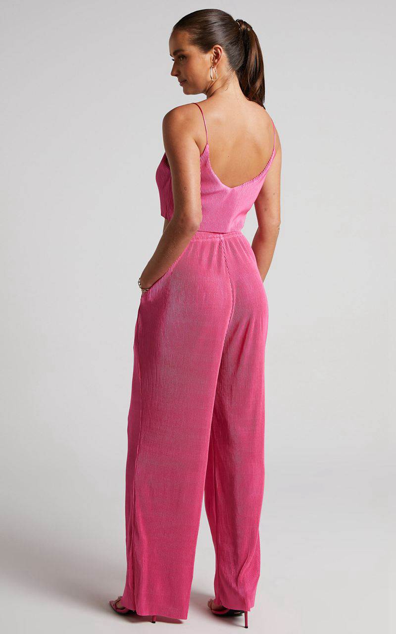 Showpo Elowen Two Piece Set - Plisse Crop Top And Relaxed Wide Leg Pants Set Pink | JDKNRV397