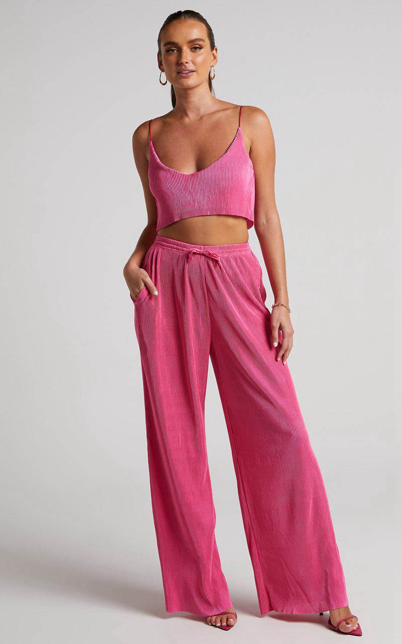 Showpo Elowen Two Piece Set - Plisse Crop Top And Relaxed Wide Leg Pants Set Pink | JDKNRV397