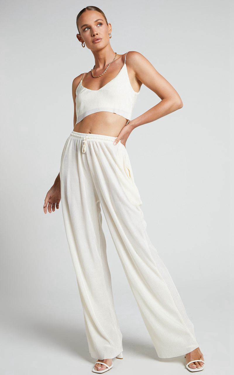 Showpo Elowen Two Piece Set - Plisse Crop Top And Relaxed Wide Leg Pants Set Cream | FECAPX380