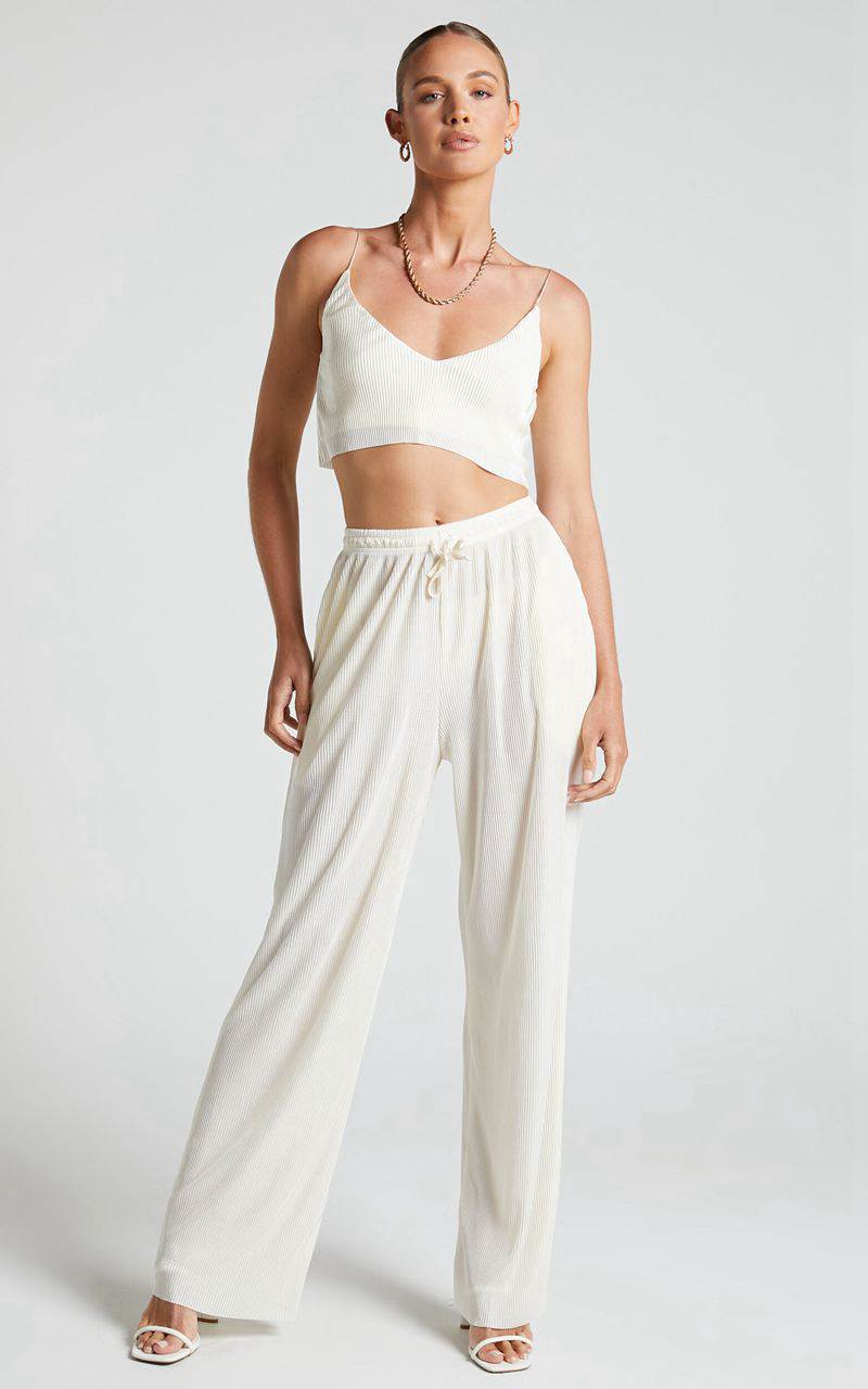 Showpo Elowen Two Piece Set - Plisse Crop Top And Relaxed Wide Leg Pants Set Cream | FECAPX380