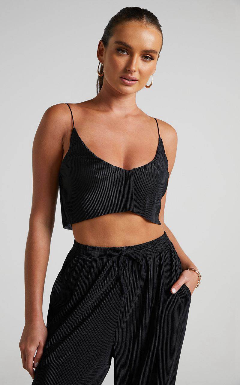 Showpo Elowen Two Piece Set - Plisse Crop Top And Relaxed Wide Leg Pants Set Black | NUICWX293