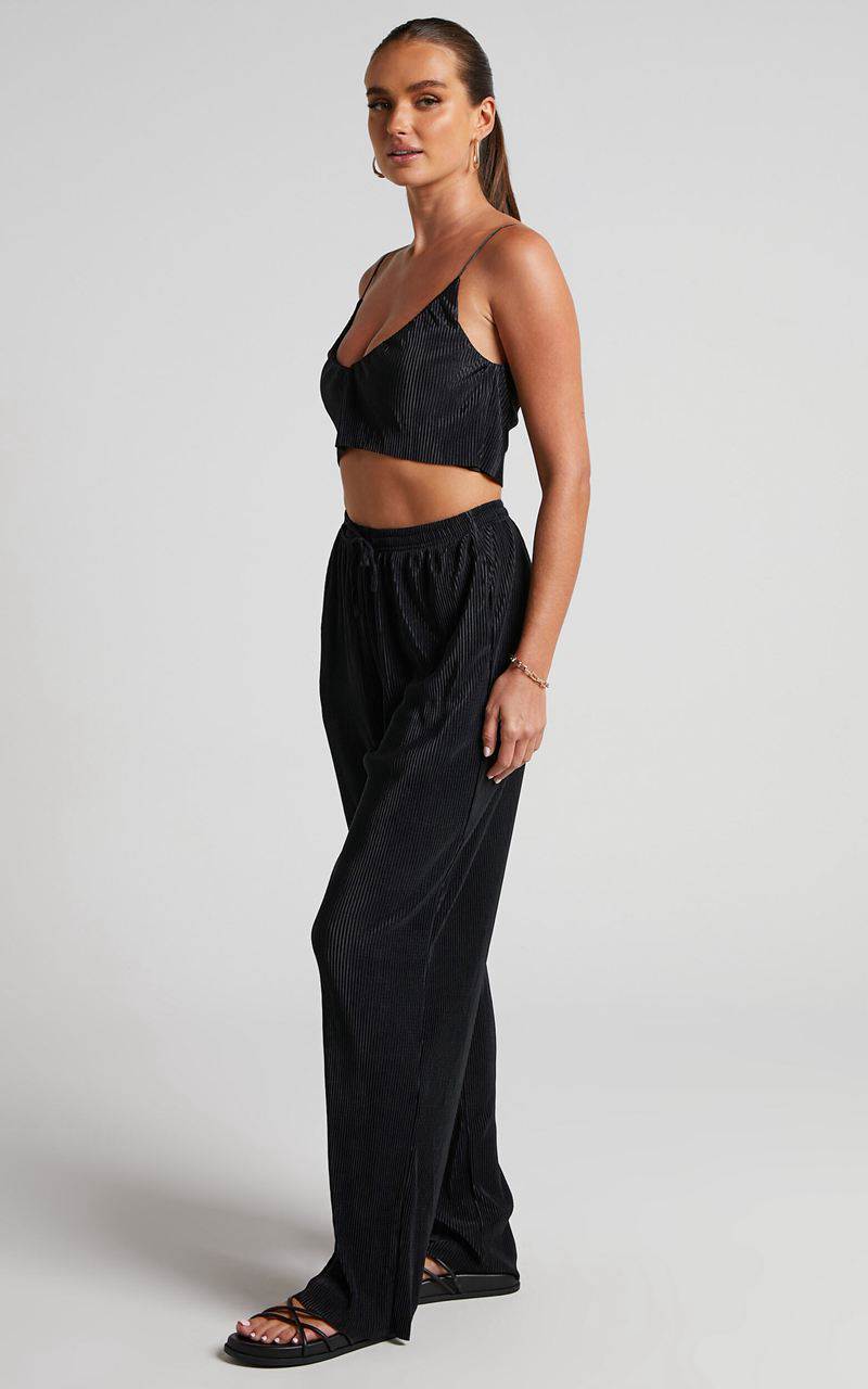 Showpo Elowen Two Piece Set - Plisse Crop Top And Relaxed Wide Leg Pants Set Black | NUICWX293