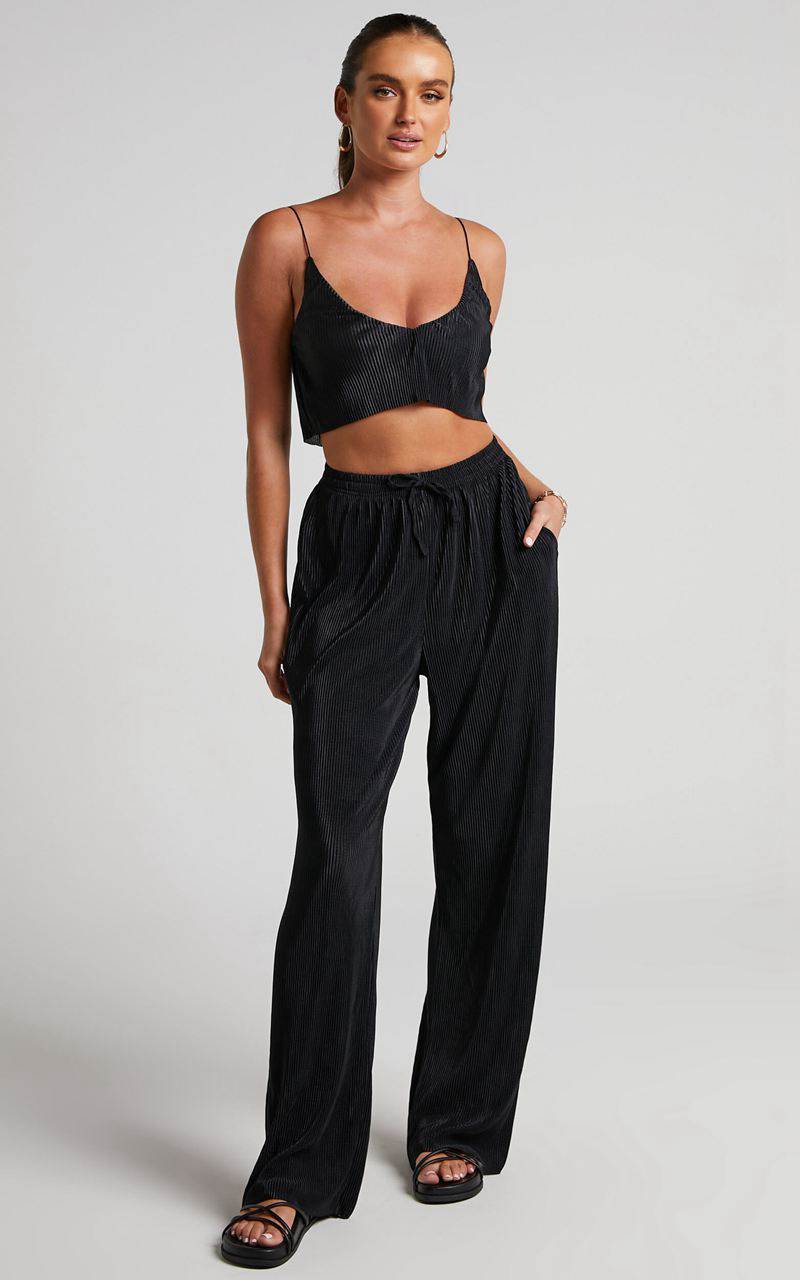 Showpo Elowen Two Piece Set - Plisse Crop Top And Relaxed Wide Leg Pants Set Black | NUICWX293