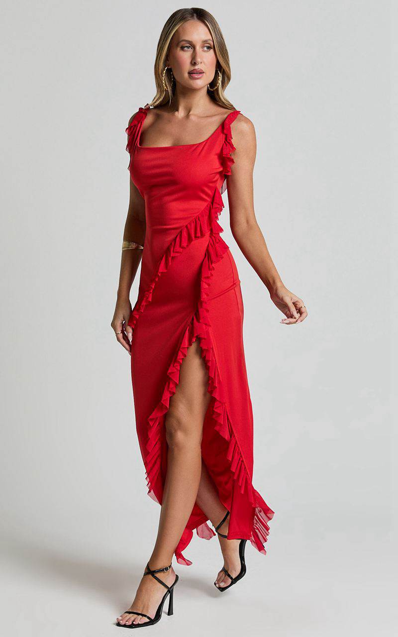 Showpo Elsa Midi Dress - Halter Neck Frill Trim Detail Dress Red | NZQOLI386