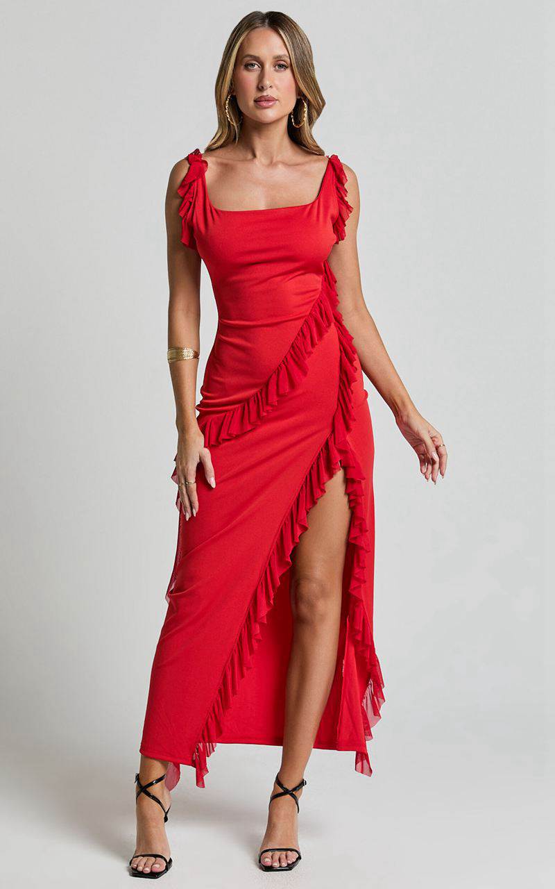 Showpo Elsa Midi Dress - Halter Neck Frill Trim Detail Dress Red | NZQOLI386