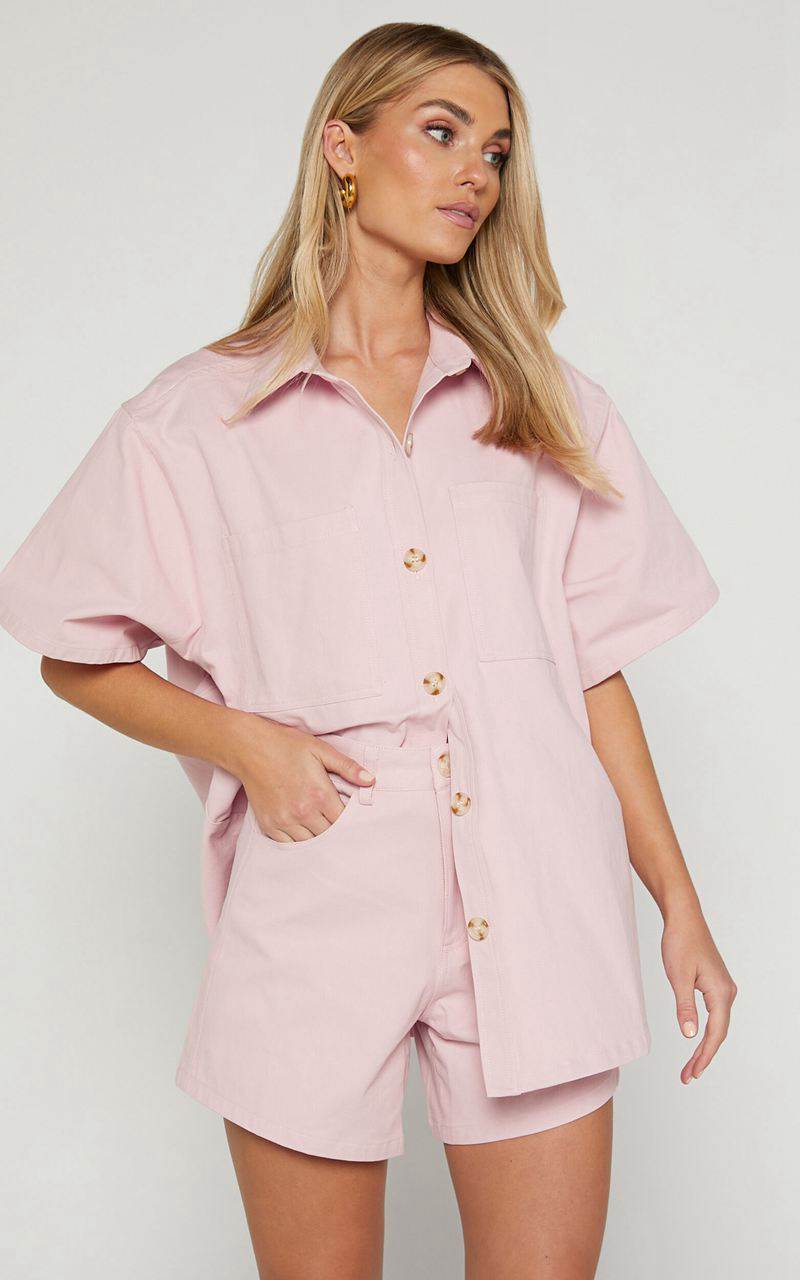 Showpo Elsa Two Piece Set - Oversized Button Through Short Sleeve Shirt High Waisted Shorts Pale Pink | APCIGX678