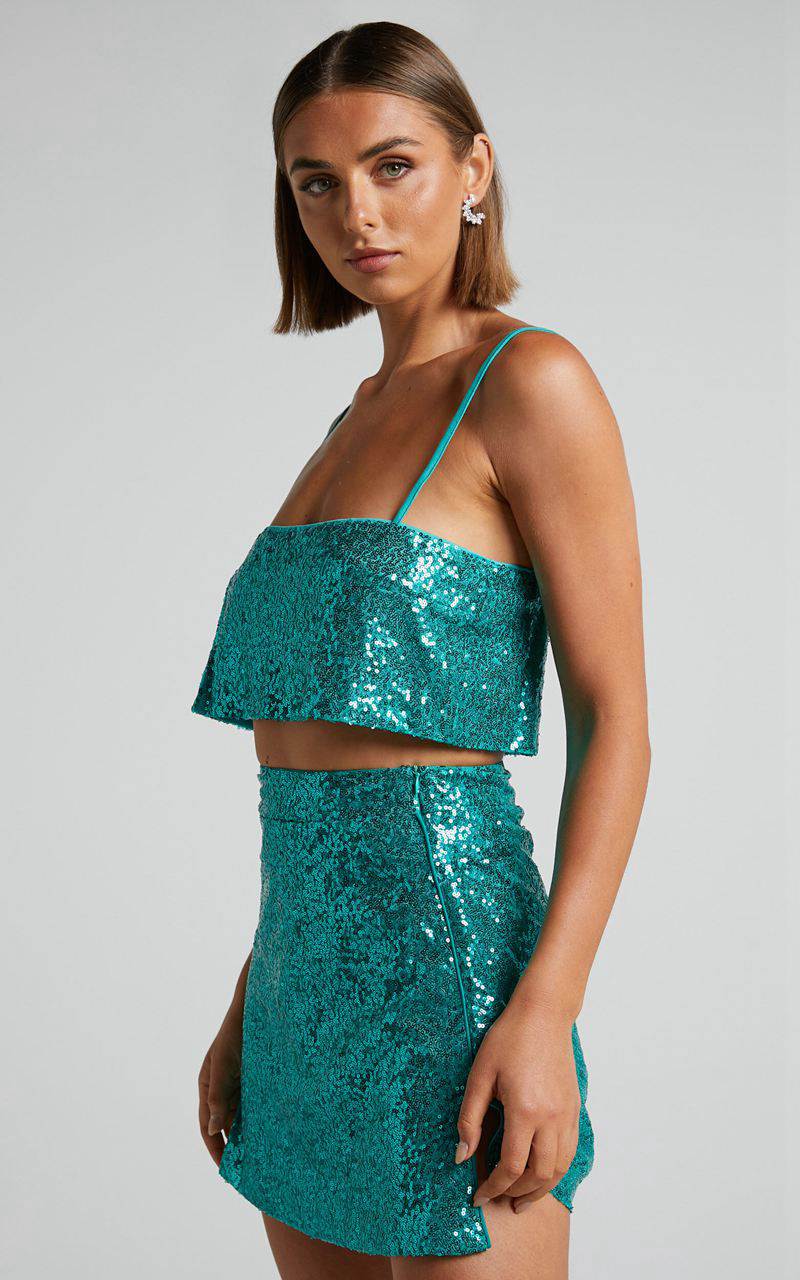 Showpo Elswyth Mini Skirt - Side Split Sequin Skirt Teal | SYGXTL392