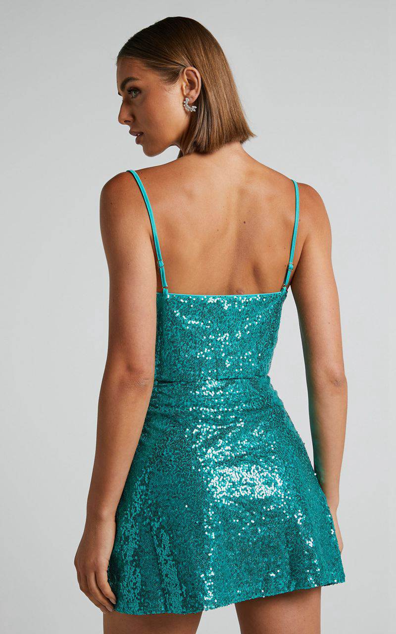 Showpo Elswyth Mini Skirt - Side Split Sequin Skirt Teal | SYGXTL392