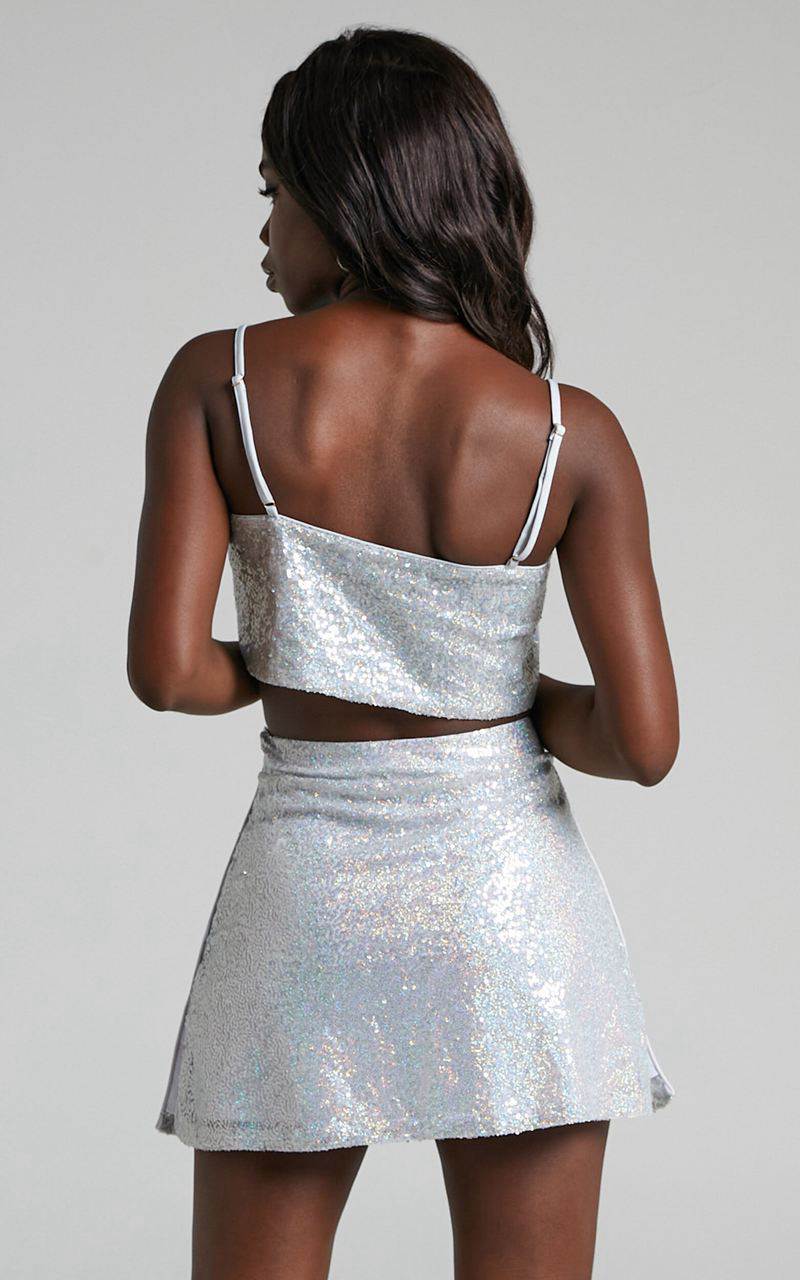 Showpo Elswyth Mini Skirt - Side Split Sequin Skirt Silver | QVSZEO365