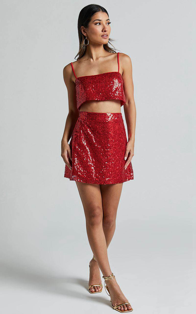 Showpo Elswyth Mini Skirt - Side Split Sequin Skirt Red | AUJBVC350