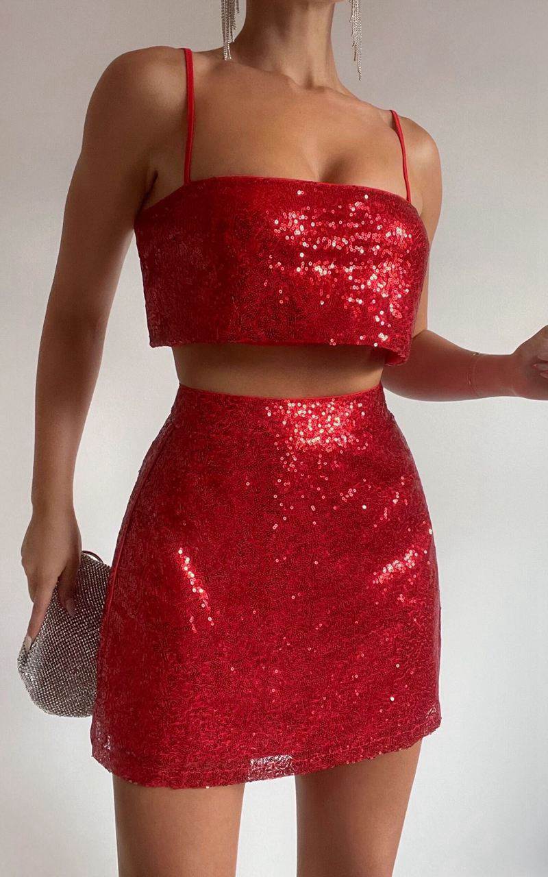 Showpo Elswyth Mini Skirt - Side Split Sequin Skirt Red | AUJBVC350