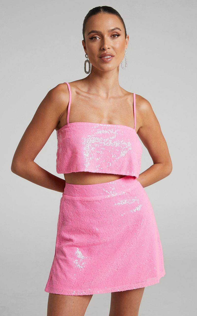 Showpo Elswyth Mini Skirt - Side Split Sequin Skirt Pink | BISVND056