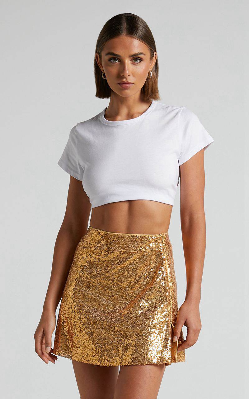 Showpo Elswyth Mini Skirt - Side Split Sequin Skirt Gold | TRKSPJ946