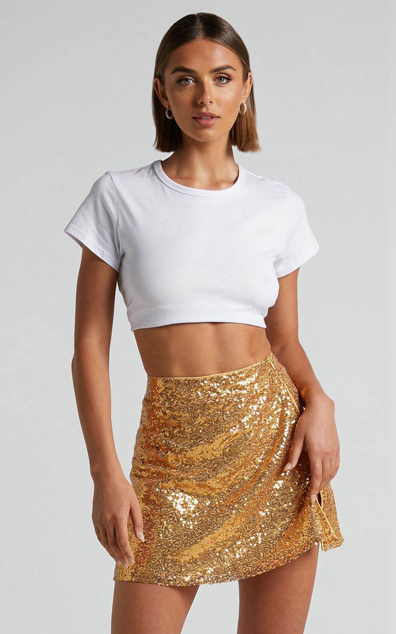 Showpo Elswyth Mini Skirt - Side Split Sequin Skirt Gold | TRKSPJ946