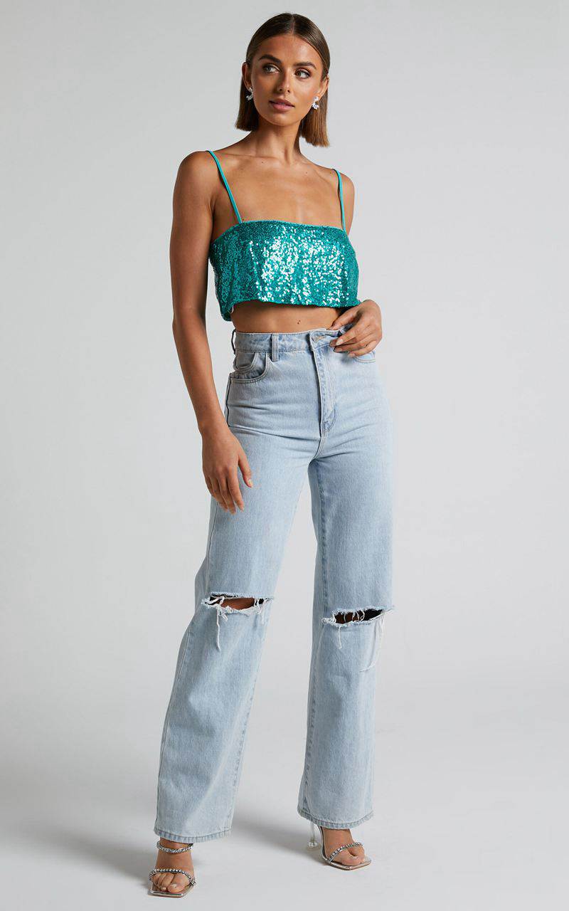 Showpo Elswyth Top - Strappy Sequin Crop Cami Top Teal | GSOICB376