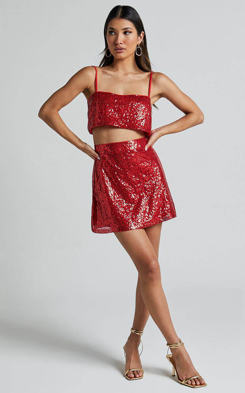 Showpo Elswyth Top - Strappy Sequin Crop Cami Top Red | AYTRWC270