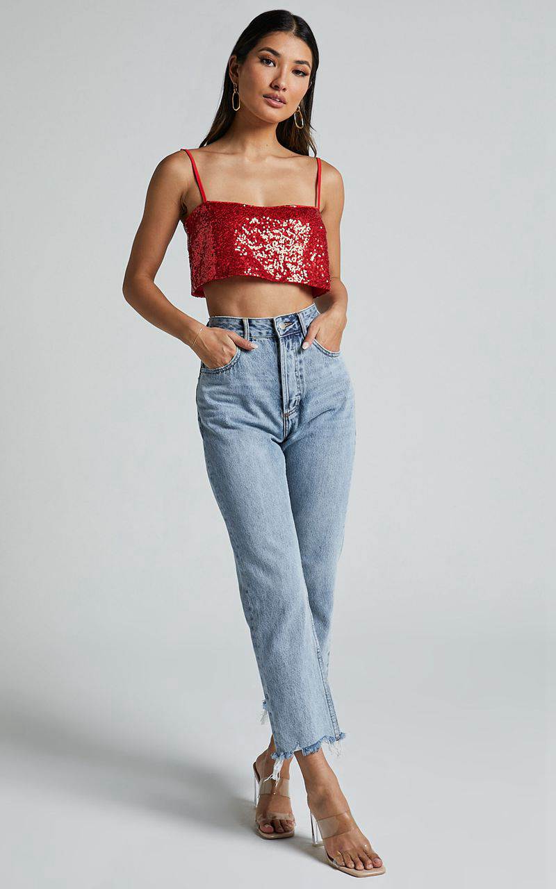 Showpo Elswyth Top - Strappy Sequin Crop Cami Top Red | AYTRWC270