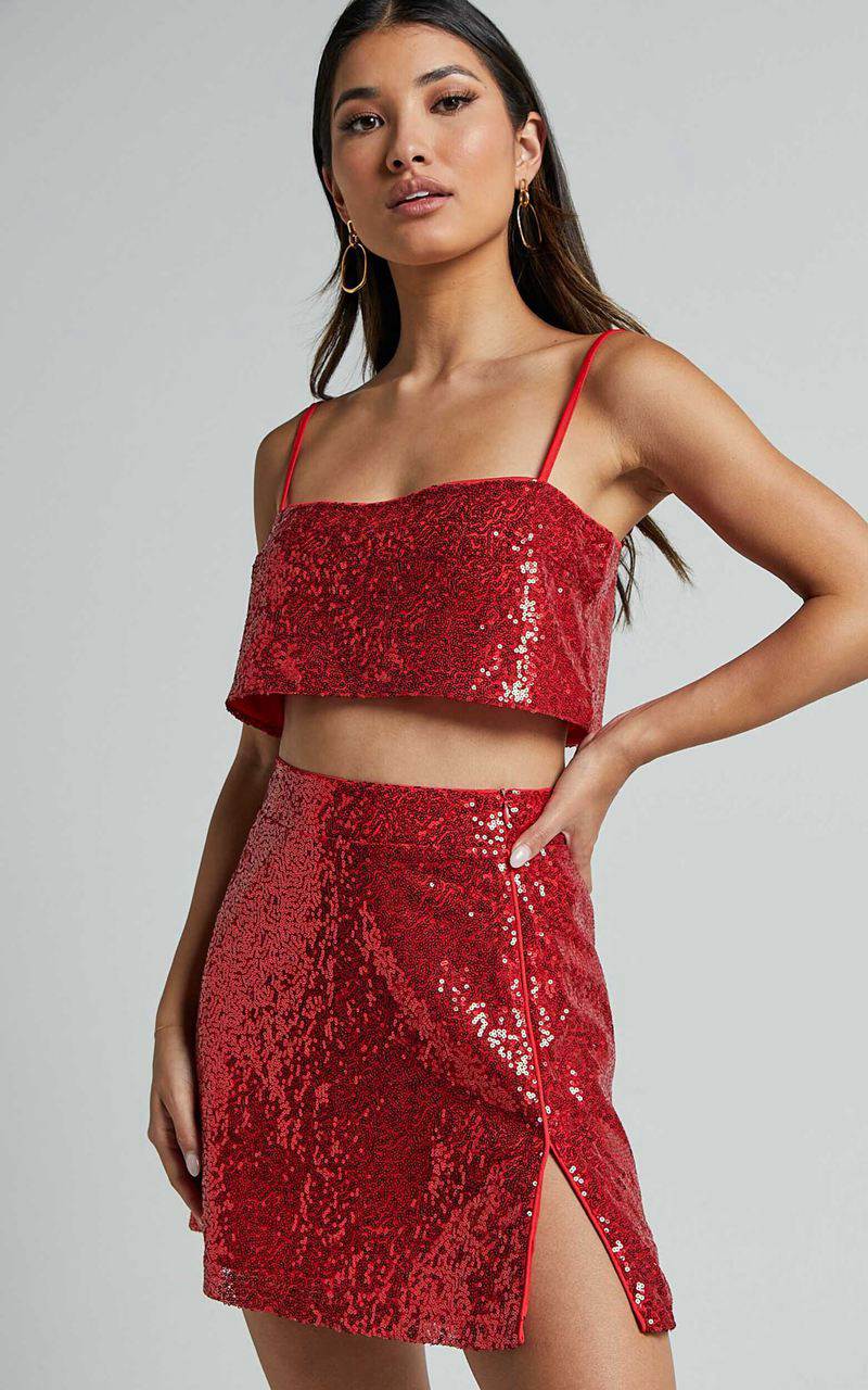 Showpo Elswyth Top - Strappy Sequin Crop Cami Top Red | AYTRWC270