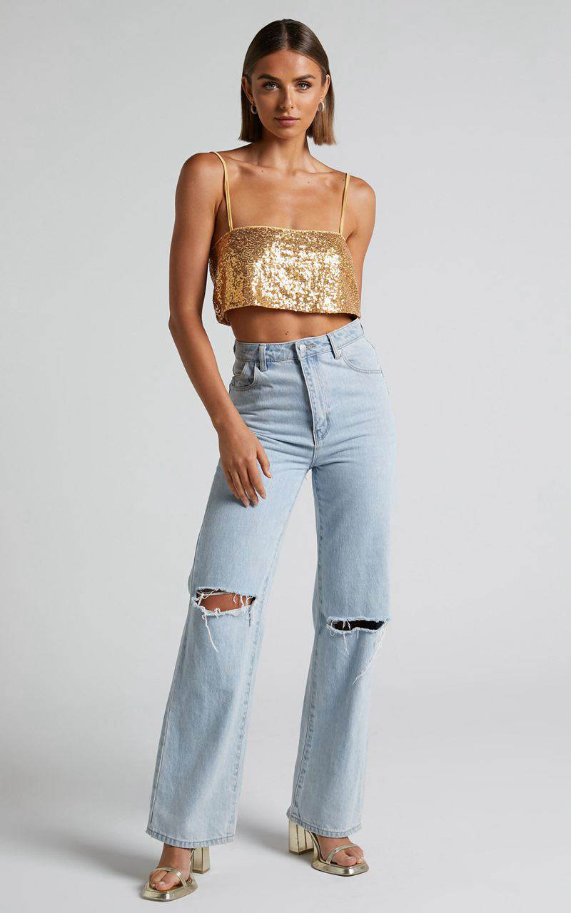 Showpo Elswyth Top - Strappy Sequin Crop Cami Top Gold | EGLOCS920