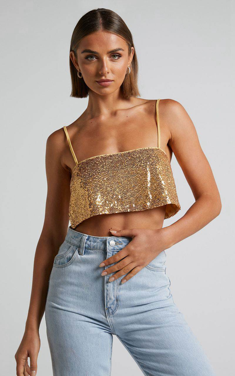 Showpo Elswyth Top - Strappy Sequin Crop Cami Top Gold | EGLOCS920