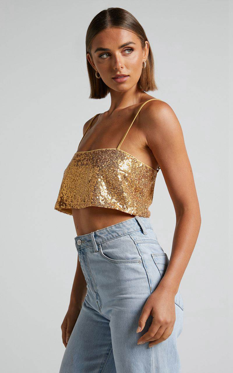 Showpo Elswyth Top - Strappy Sequin Crop Cami Top Gold | EGLOCS920