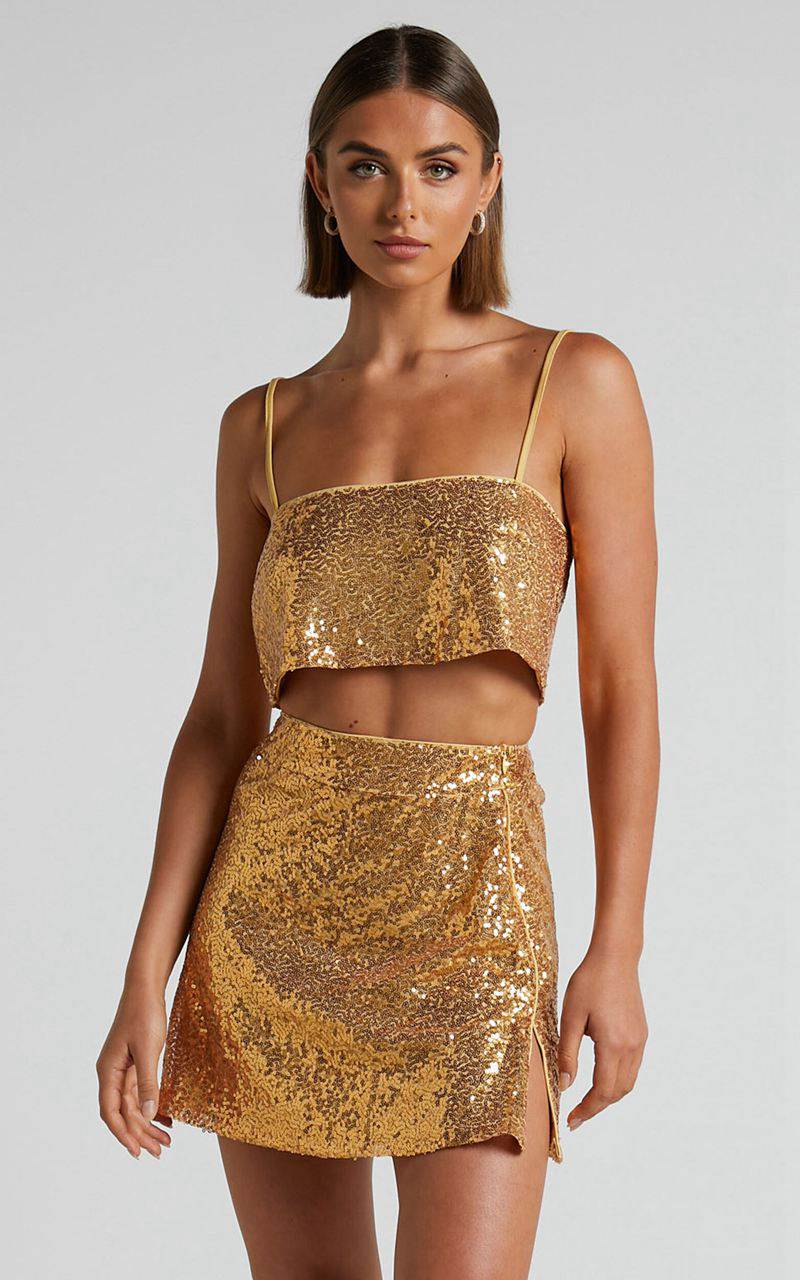 Showpo Elswyth Top - Strappy Sequin Crop Cami Top Gold | EGLOCS920