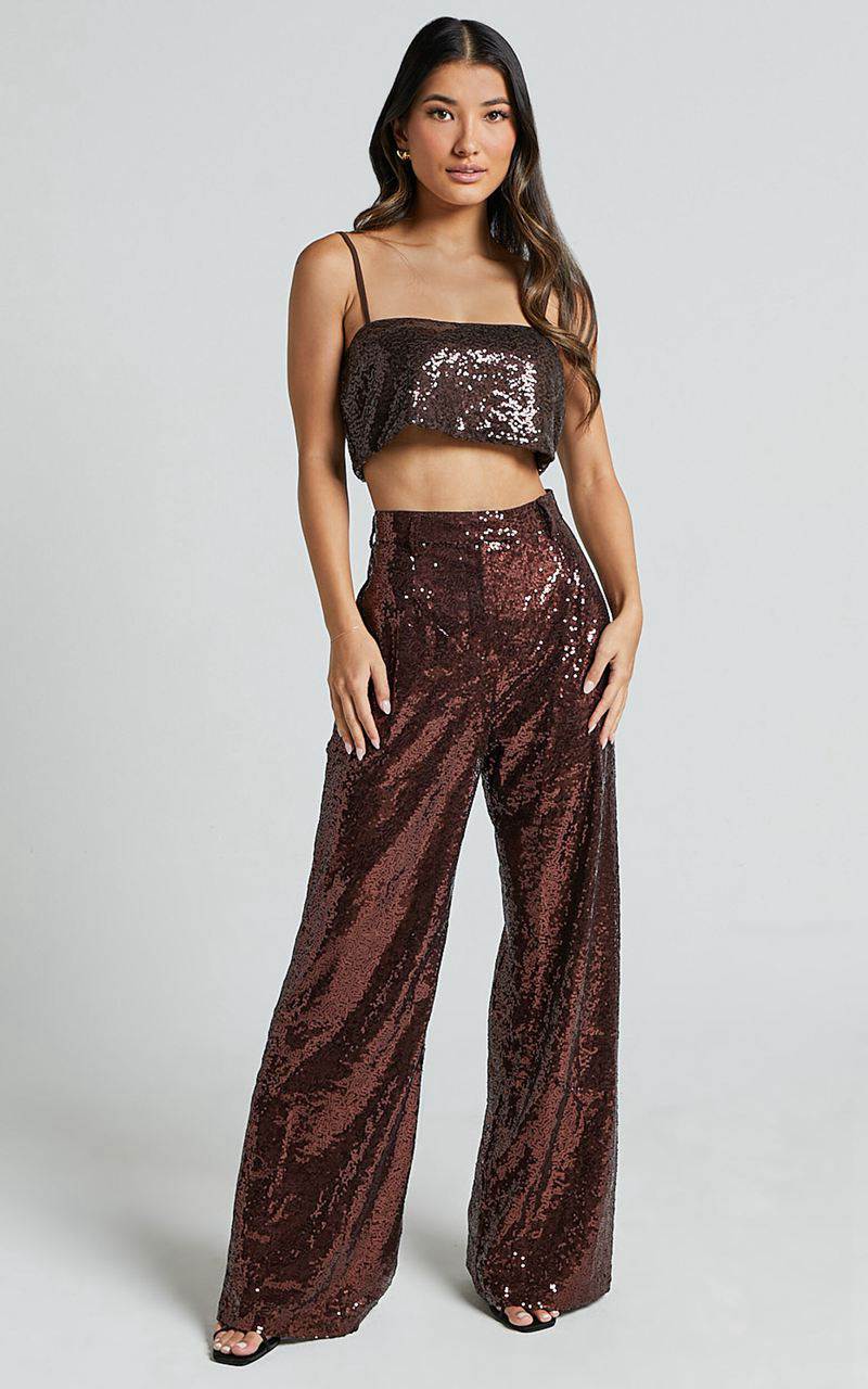 Showpo Elswyth Top - Strappy Sequin Crop Cami Top Chocolate | TBDFMG701