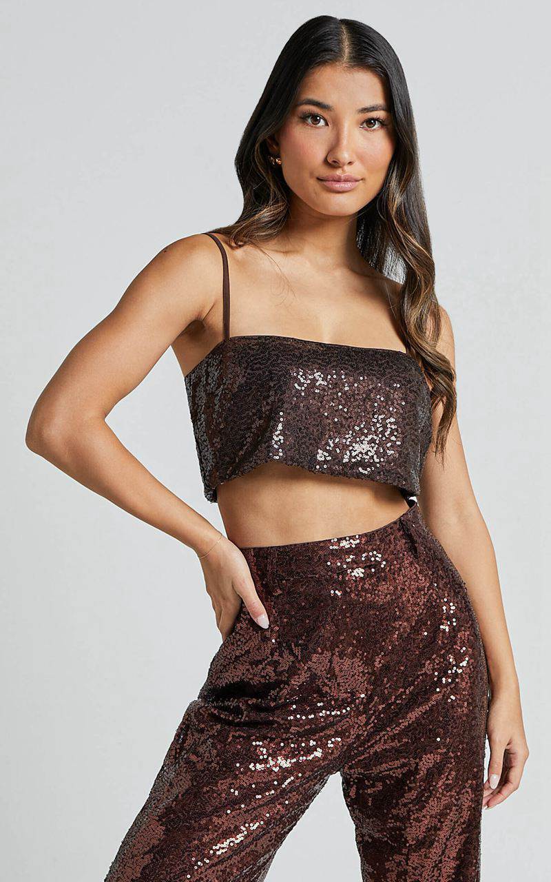 Showpo Elswyth Top - Strappy Sequin Crop Cami Top Chocolate | TBDFMG701