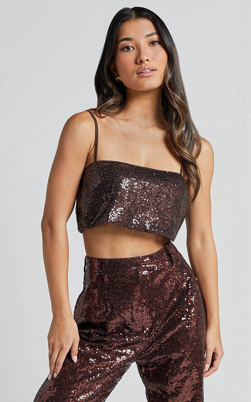 Showpo Elswyth Top - Strappy Sequin Crop Cami Top Chocolate | TBDFMG701