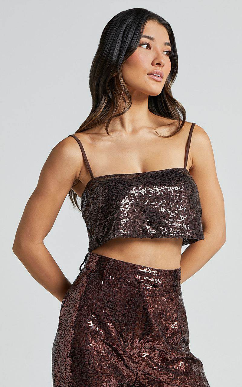 Showpo Elswyth Top - Strappy Sequin Crop Cami Top Chocolate | TBDFMG701