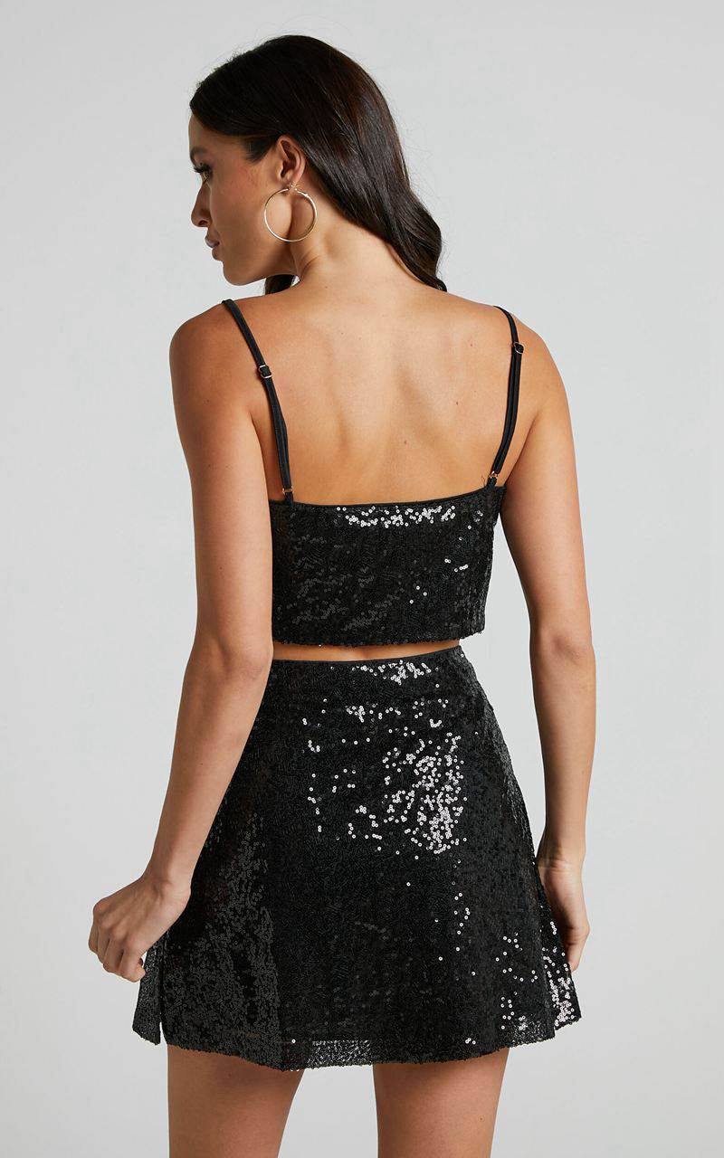 Showpo Elswyth Top - Strappy Sequin Crop Cami Top Black Sequin | FOTNEX258