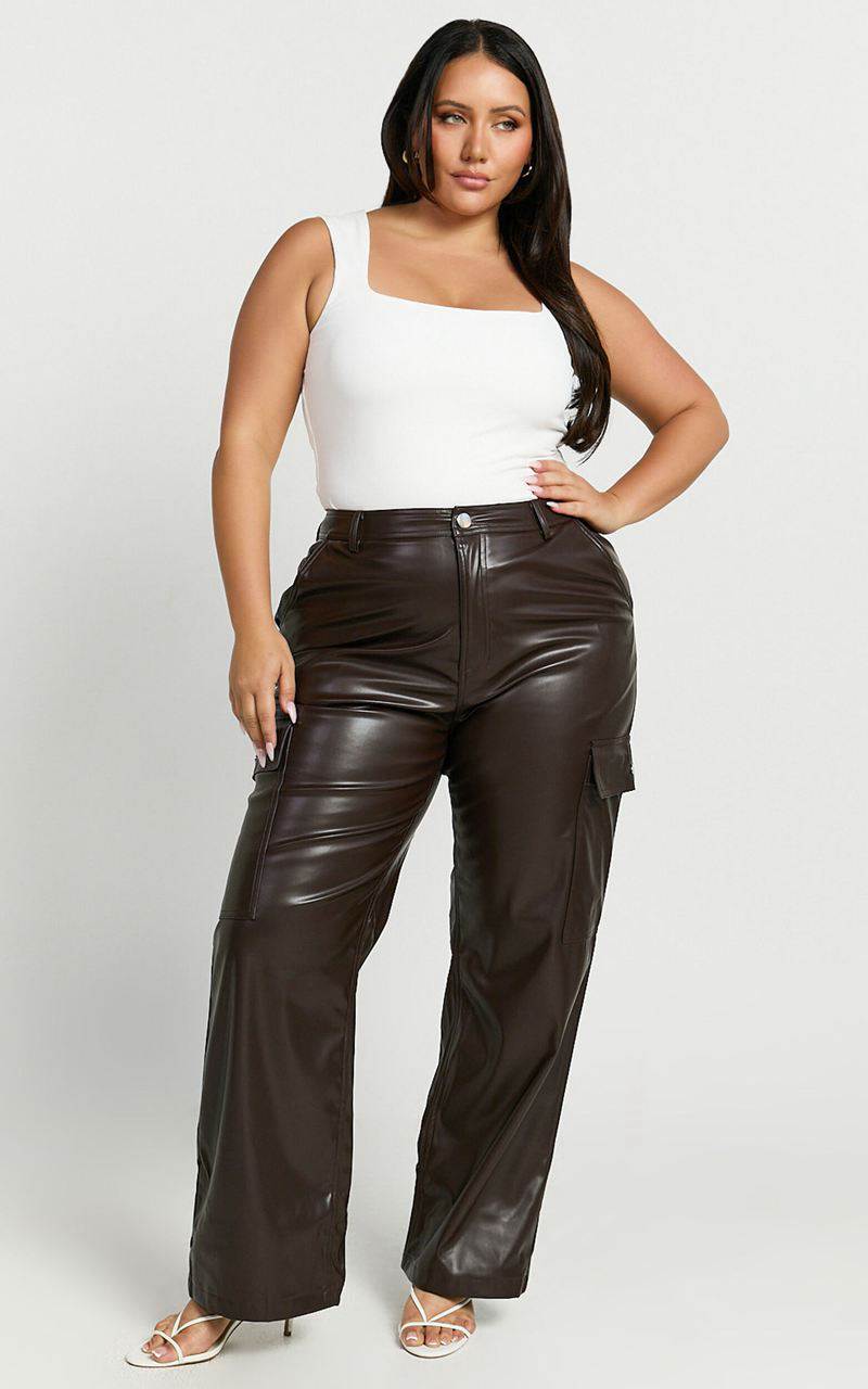 Showpo Elviera Pants - High Waisted Faux Leather Cargo Pants Dark Chocolate | SRAZBU549