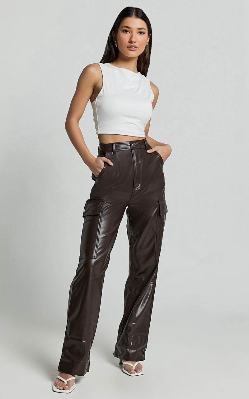 Showpo Elviera Pants - High Waisted Faux Leather Cargo Pants Dark Chocolate | SRAZBU549