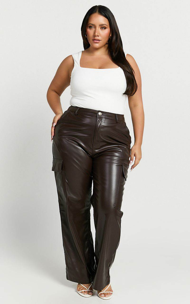 Showpo Elviera Pants - High Waisted Faux Leather Cargo Pants Dark Chocolate | SRAZBU549