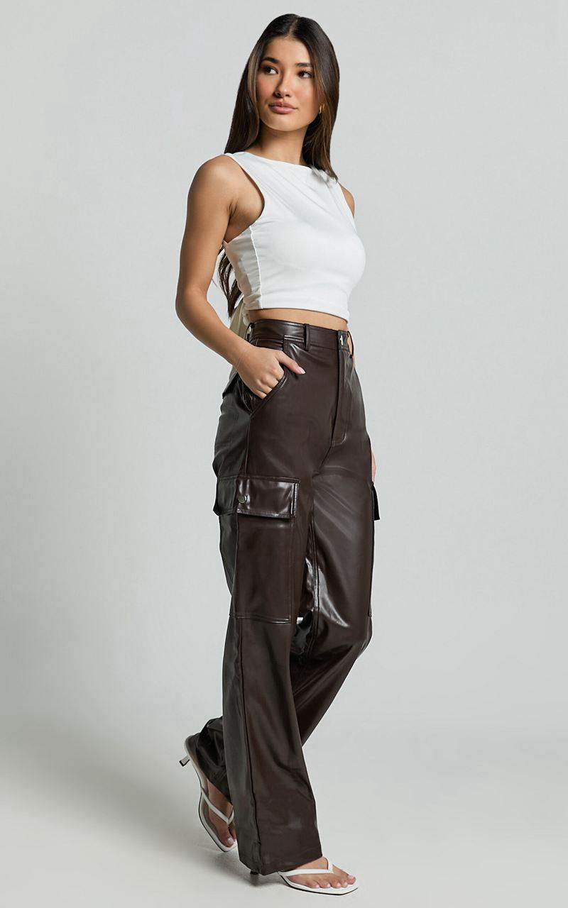 Showpo Elviera Pants - High Waisted Faux Leather Cargo Pants Dark Chocolate | SRAZBU549