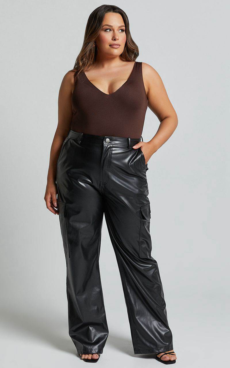 Showpo Elviera Pants - High Waisted Faux Leather Cargo Pants Black | NAPQIR306